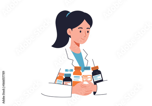 Woman in lab coat holds medicine bottles in her arms