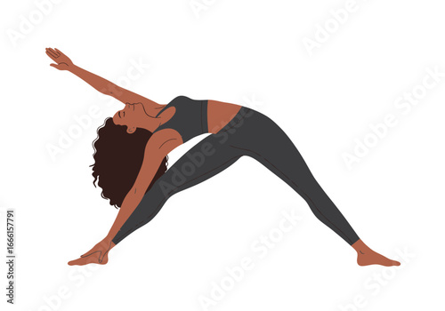 Woman doing triangle pose yoga in dark leggings head tilted back arm outstretched upward