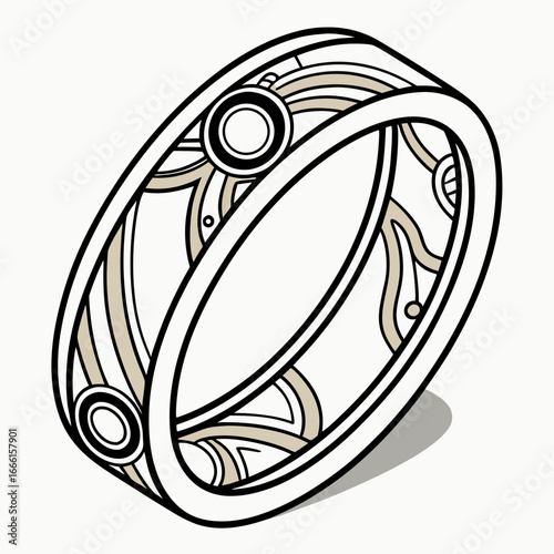Elegant art deco style ring with geometric patterns and circular motifs on a white background