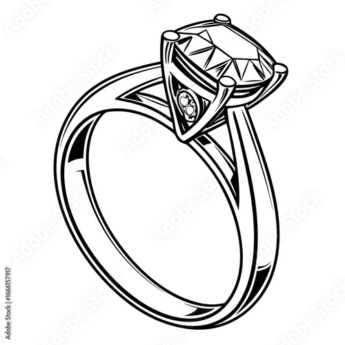 Elegant black and white line art illustration of a solitaire diamond engagement ring with side stones