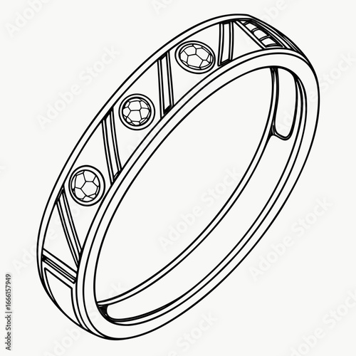 Elegant outline drawing of a modern ring featuring geometric patterns and inset gemstones
