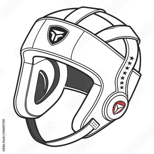 Detailed outline illustration of a white boxing headgear with black accents and star detailing
