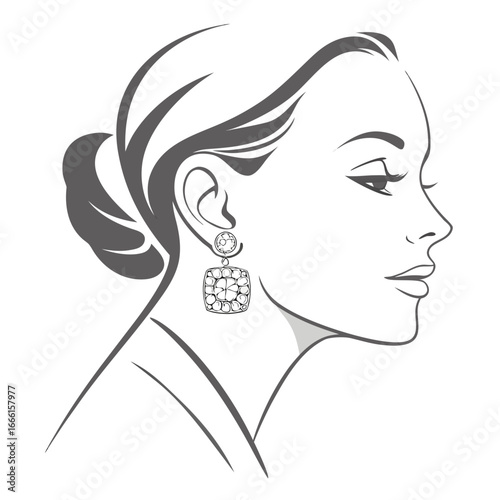 Elegant woman s profile adorned with a sparkling square gemstone earring and hair styled in a bun