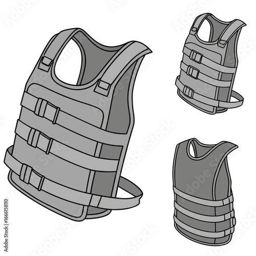 Illustration of a tactical vest with adjustable straps and buckles shown from different angles