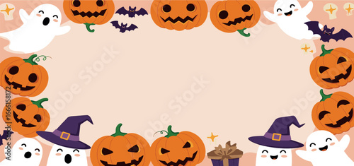 A fun and playful Halloween-themed background illustration featuring smiling ghosts, carved pumpkins with different funny and spooky expressions, and cute bats