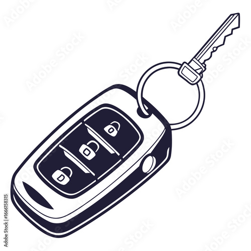 Modern car key fob with three buttons and detachable metal key on a ring