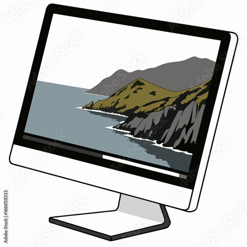 Modern computer monitor displaying a scenic coastal landscape with rocky cliffs and rolling hills