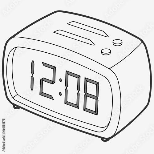 Modern digital alarm clock displaying twelve oh eight with buttons on top and a clean outline design
