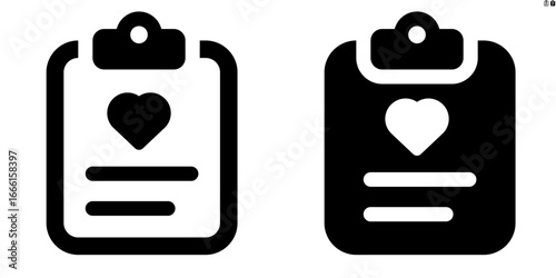 Vector clipboard with heart and text icon in outline and solid styles for UI and web design, 48px, 10% margin