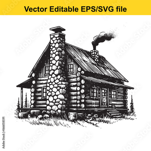 Rustic log cabin with stone chimney and smoke coming out of it