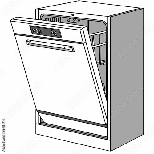 Modern white dishwasher with open door revealing interior racks and control panel