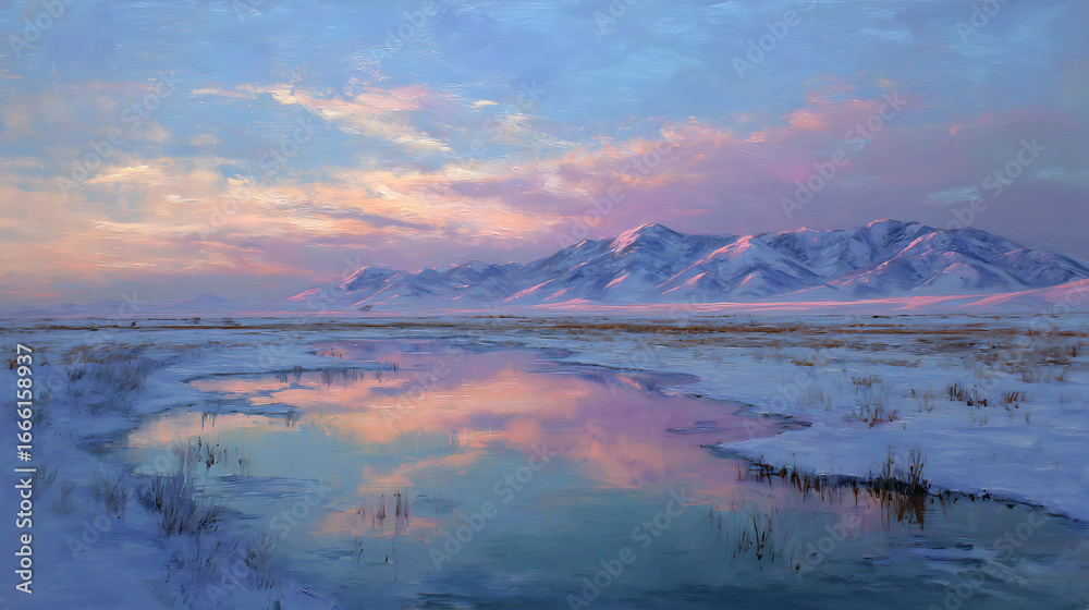 Fototapeta premium Snowy landscape with mountains at sunset reflecting on a calm lake in winter