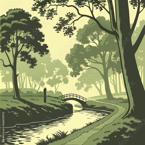 Serene park landscape with a gentle stream flowing under a wooden arch bridge surrounded by lush trees