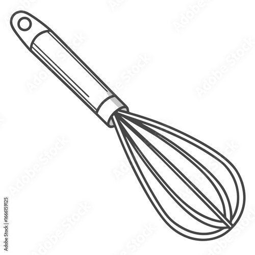 Simple line drawing of a metal whisk with a handle and loop for hanging on a white background