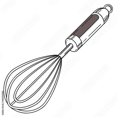 Simple line drawing of a kitchen whisk with a dark gray handle and a loop for hanging on a white background