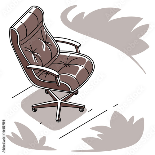 Stylish brown leather executive office chair with tufted cushions and chrome base on wheels