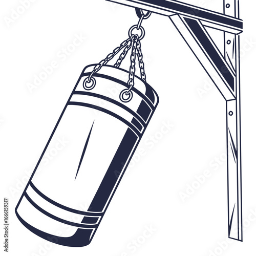 Stylized illustration of a heavy punching bag suspended by chains from a wooden frame