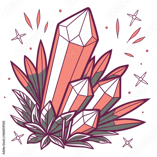 Vibrant coral and green crystals with sparkling stars and dots on a white background
