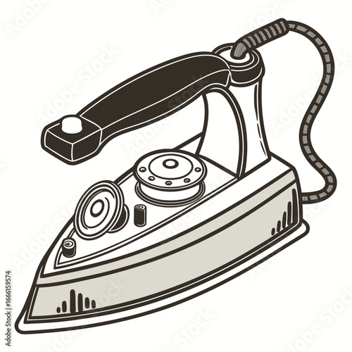 Vintage electric iron with a black handle and cord on a white background stylized illustration