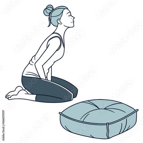 Woman kneeling on floor with eyes closed and hands on stomach next to a cushion