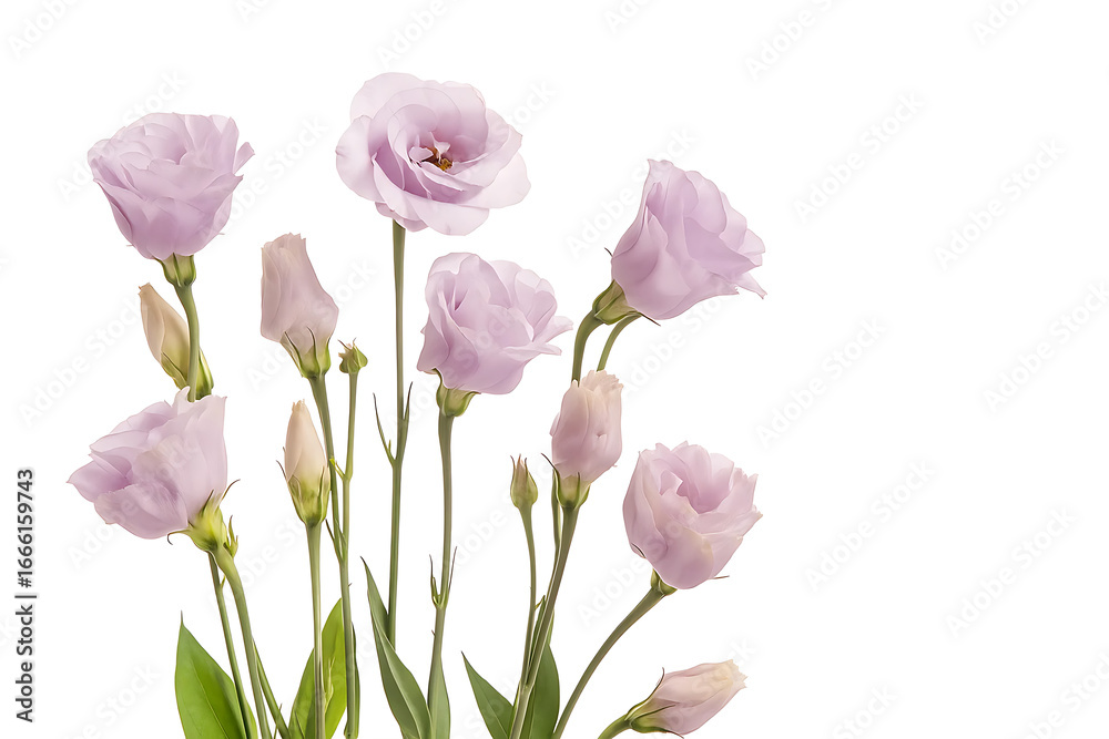 Beautiful pale violet eustoma flowers isolated on white background