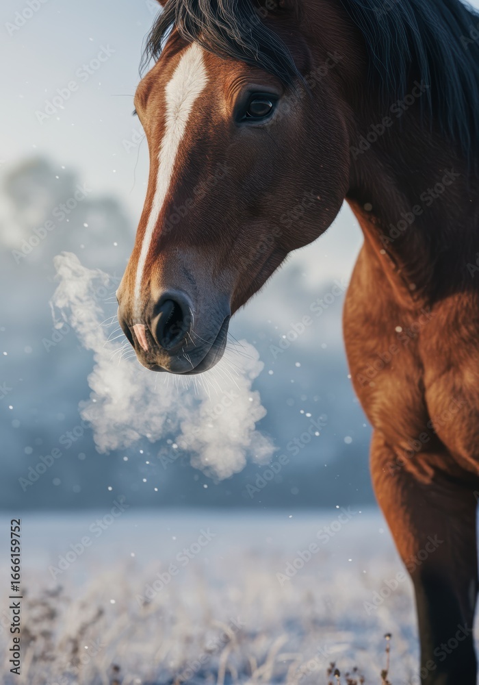 Obraz premium Breathtaking Winter Horse Portrait Chestnut Stallion in Frosty Field