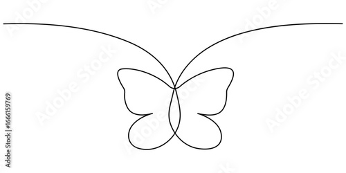 Butterfly in One continuous line drawing. Beautiful flying moth for wellbeing beauty or spa salon logo and divider concept in simple linear style. Editable stroke. Doodle vector illustration. 