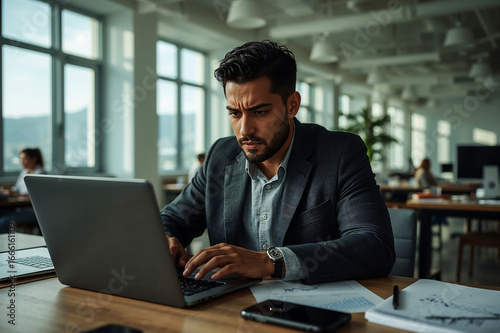 Focused businessman working diligently on his laptop in an office