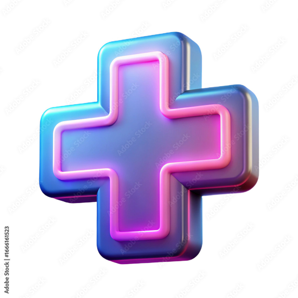 Fototapeta premium 3d rendering of a plus sign with neon light isolated on transparent background