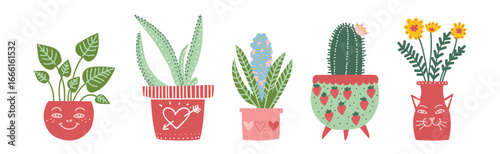 Plant Grow in Flowerpot as Home Garden Vector Set