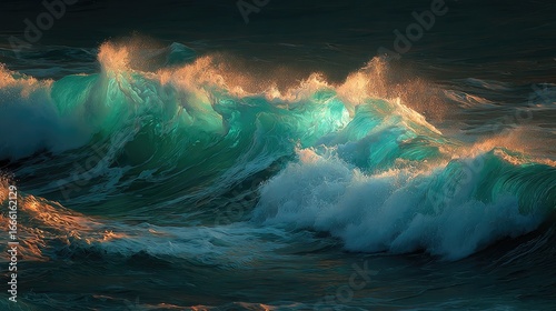 Ocean waves illuminated by sunset, teal and orange hues