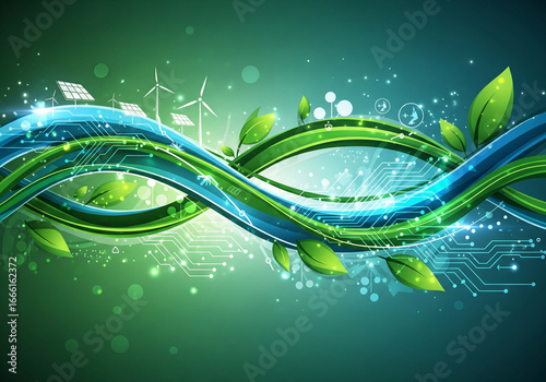 Vibrant abstract illustration of future green technology, eco innovation, and sustainable development, blending natural elements with digital advancements