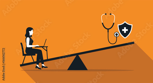 Healthcare balance shows woman with laptop balanced against medical insurance and stethoscope