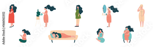 Pregnant Woman Character Engaged in Different Activity Vector Set