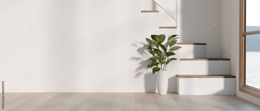Φωτογραφία Plant in vase beside white wall and staircase on wooden parquet floor of a modern house or building