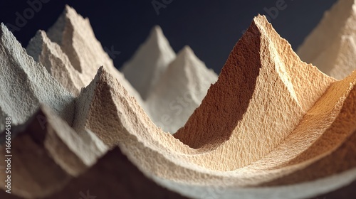 Abstract landscape of undulating, textured peaks in beige and grey tones