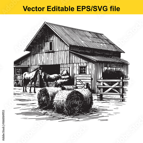 Vintage barn with horses and hay bales in a rural countryside setting