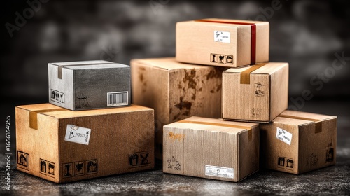 Stacked cardboard boxes, various sizes and shades of brown, on a dark surface