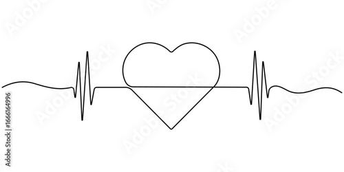 Continuous line representing a heartbeat outline vector art illustration, Heart beat one line. Continuous lines heart beats drawing. Wave pulse. Hand draw heartbeat. 