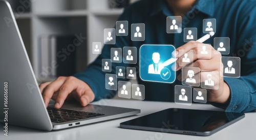 Recruitment and hiring process with digital interface showing employee profiles and selection