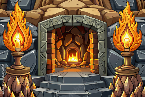 cave entrance illuminated by a torch, revealing ancient carvings and dramatic shadows on rugged rock walls. Perfect for adventure, exploration, and archaeology themes.