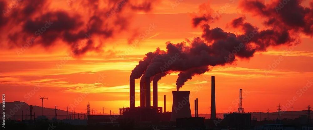 Obraz premium Dark smoke billows from industrial stacks against a fiery sunset, a stark contrast of pollution and urban growth, silhouette, urban sprawl