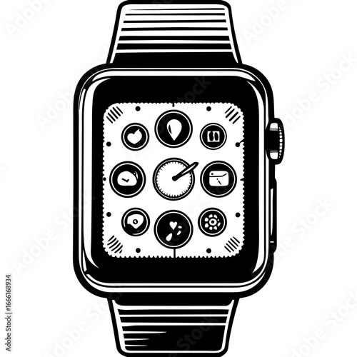Illustration of a modern smartwatch with various application icons on the screen