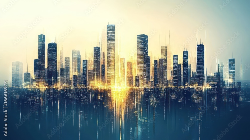 Fototapeta premium Futuristic city skyline at sunrise with glowing light trails.