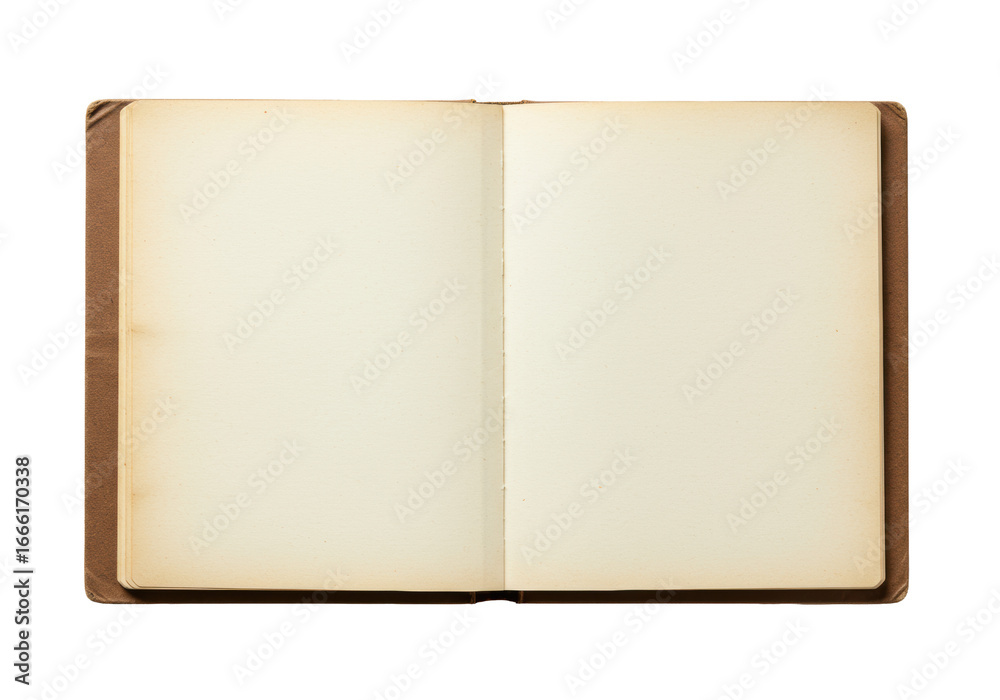 Open, old blank notebook with a simple brown cover and two empty aged cream-colored pages with visible stitching, laid flat on a transparent studio background with soft lighting, concept of new ideas Open, old blank notebook with a simple brown cover and two empty aged cream-colored pages with visible stitching, laid flat on a transparent studio background with soft lighting, concept of new ideas