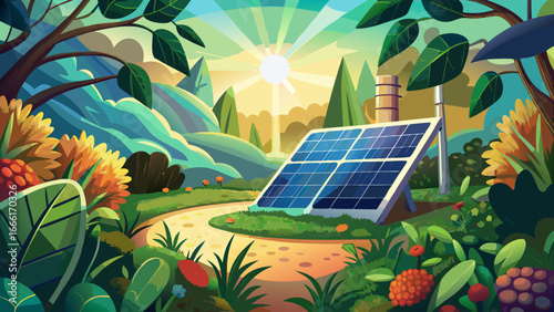 Solar panel rests amidst lush garden, nature and technology blend in harmony, radiant sunlight whispers timeless balance, green serenity inspires hope, future glows gently, sustainable vision breathes