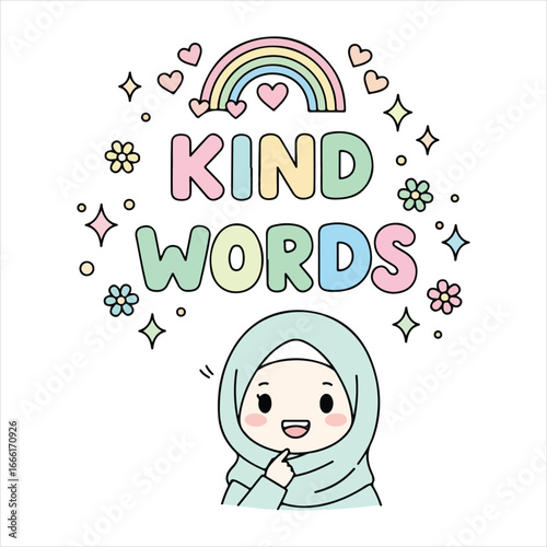 Cute Muslim girl with rainbow and kind words text hijab kawaii 1