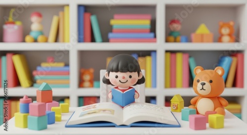 Charming illustration of a child enjoying a book surrounded by toys and colorful books on shelves