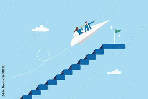 Business growth step to success, boost fast speed success or achievement, aspiration or career growth journey, leadership concept, businessman riding origami fast up stair to success challenge.