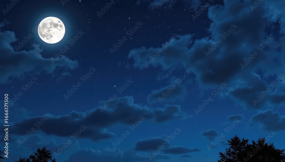 Fototapeta premium Nighttime Scene with a Bright Moon and Moody Clouds Drifting Across a Dark Blue Sky